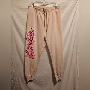 Barbie Graphic Joggers, Size 1X, Tan with pink logo text on the leg. NWT.